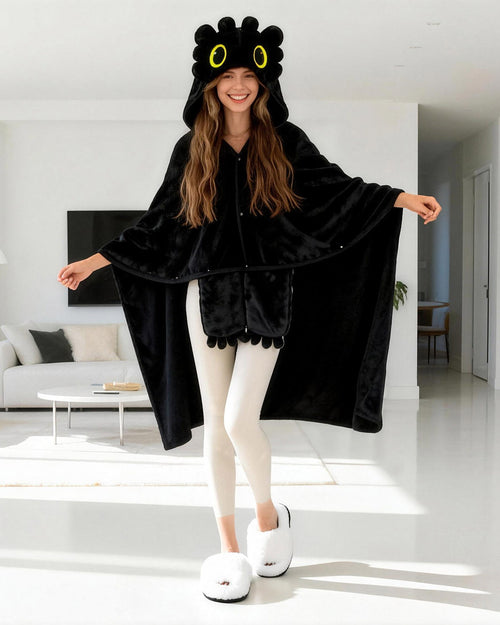 Cloak Cape Coat Hooded Black Dragon